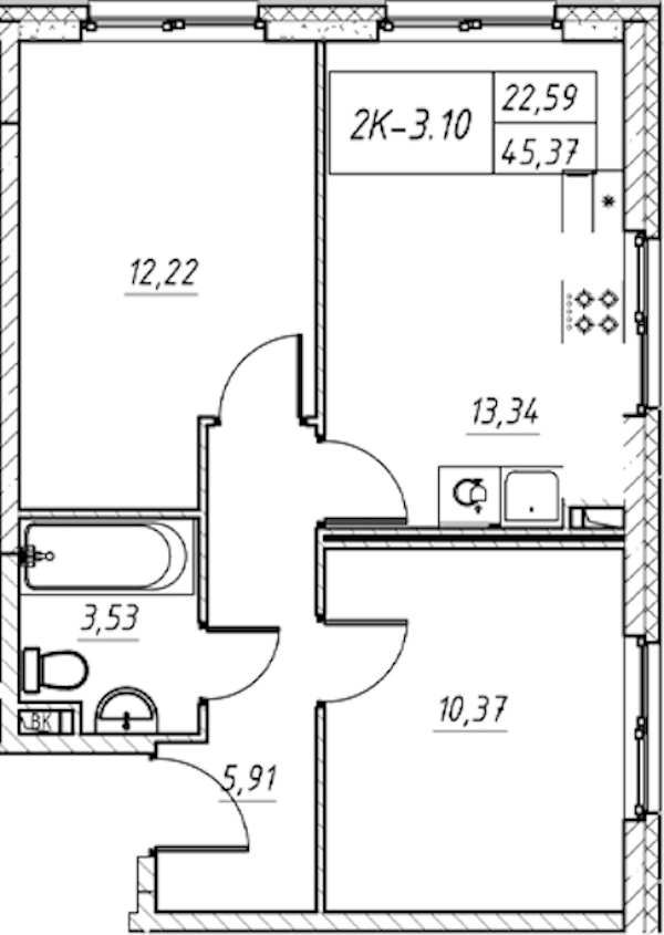 2-комнатная квартира 45.37 м², 9/11 эт., Комплекс апартаментов «Zoom на Неве»